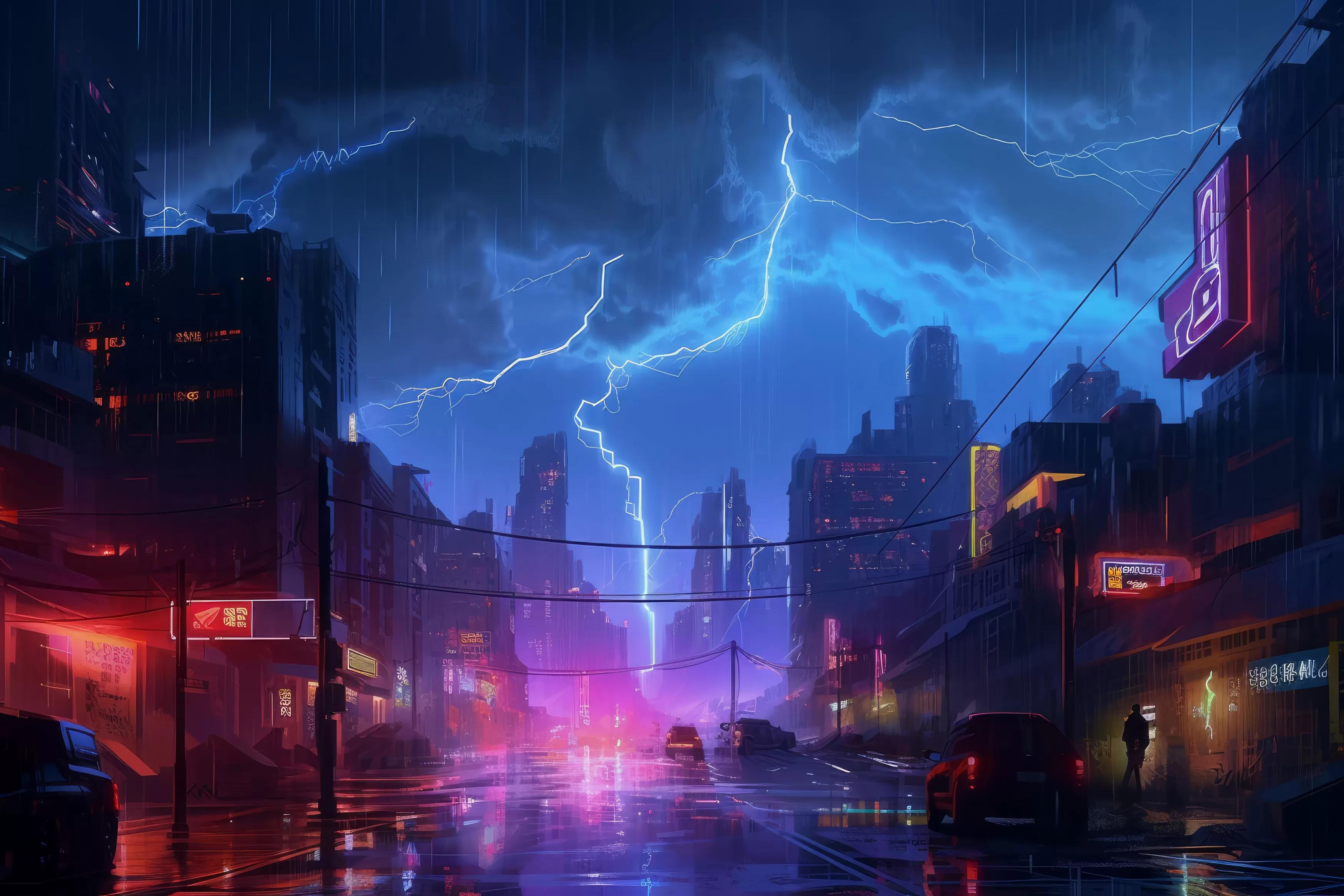 Cyberpunk City Thunder #5d12 Life Wallpaper for Android 13, 14, 15 phones like Oppo Reno 11 Pro